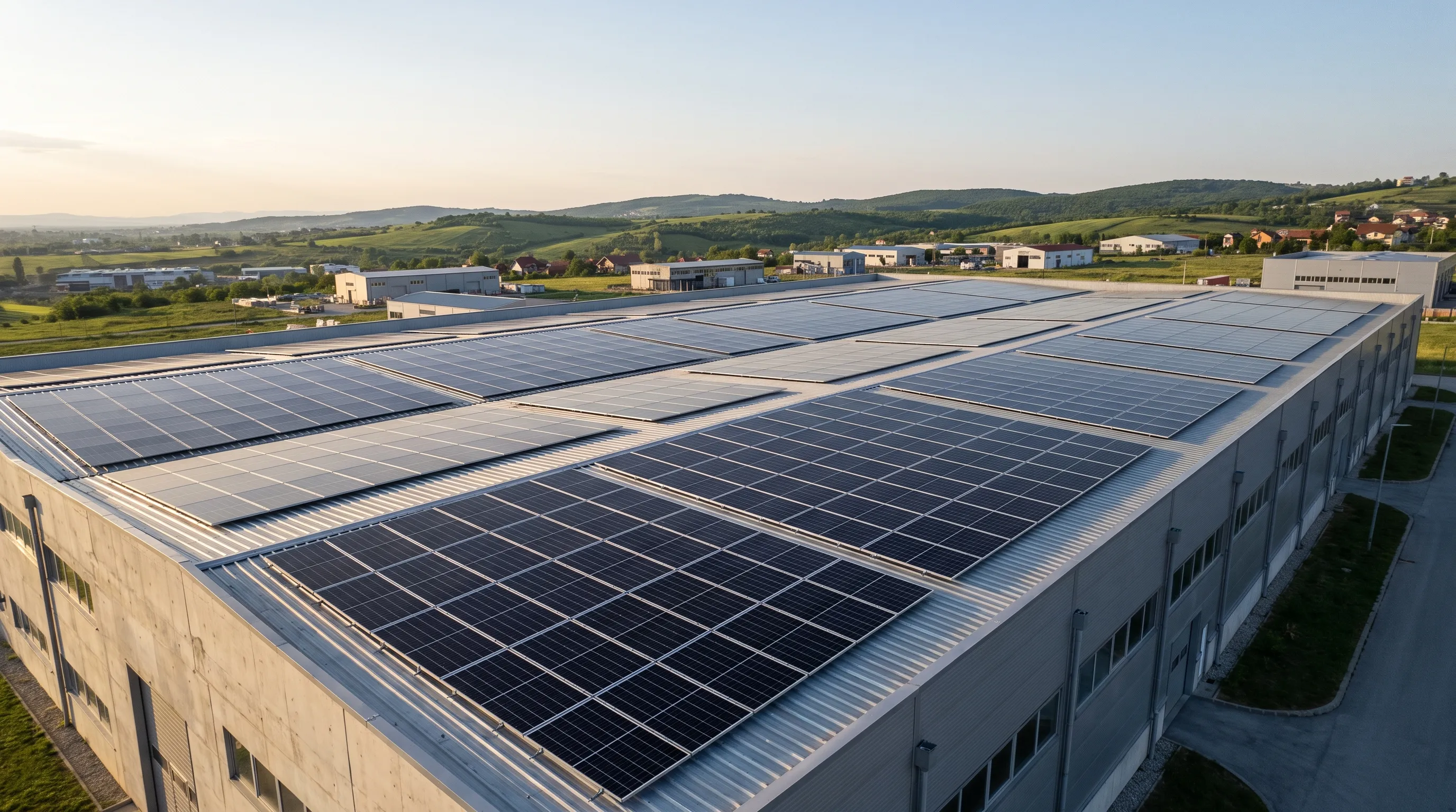 Solar power system on the roof of an industrial building