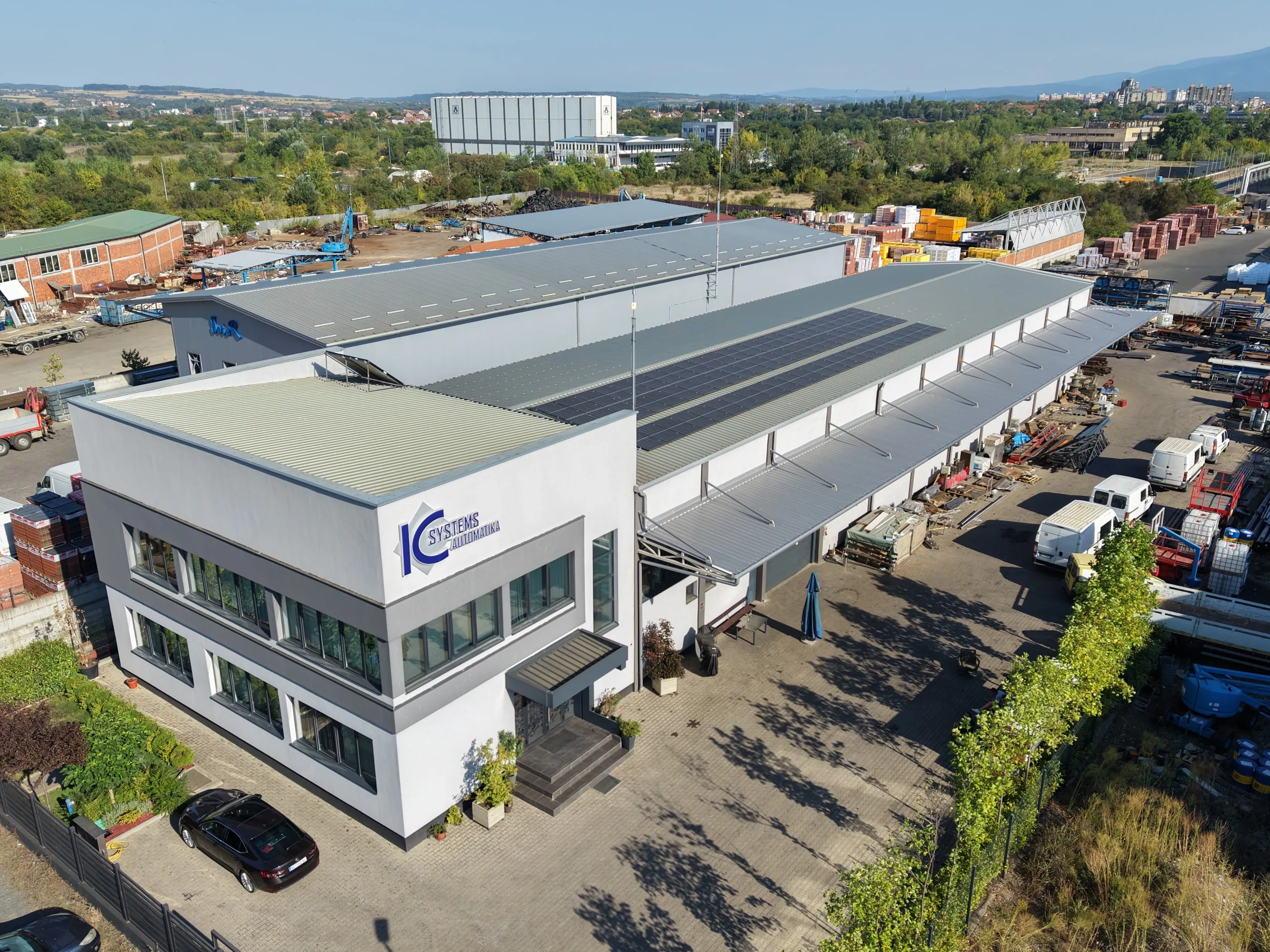 Aerial view of the solar power system on the IC Systems roof in Kruševac